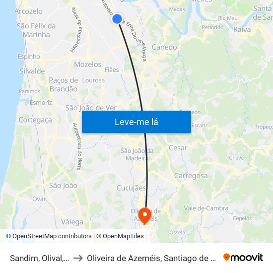 Sandim, Olival, Lever e Crestuma to Oliveira de Azeméis, Santiago de Riba-Ul, Ul, Macinhata da Seixa e Madail map