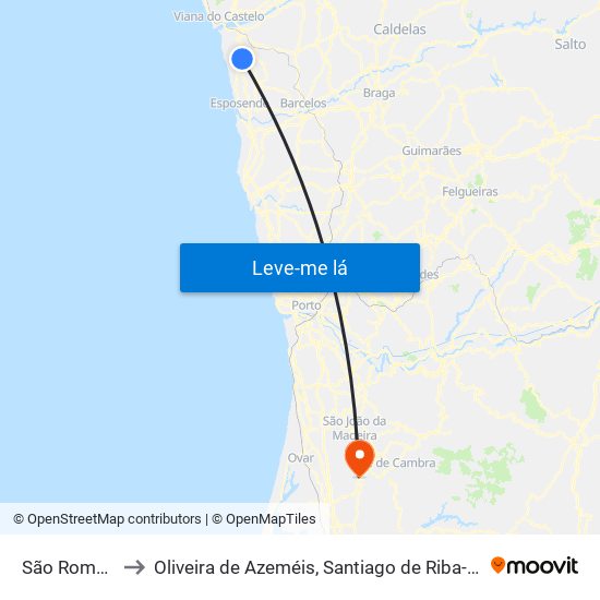 São Romão de Neiva to Oliveira de Azeméis, Santiago de Riba-Ul, Ul, Macinhata da Seixa e Madail map