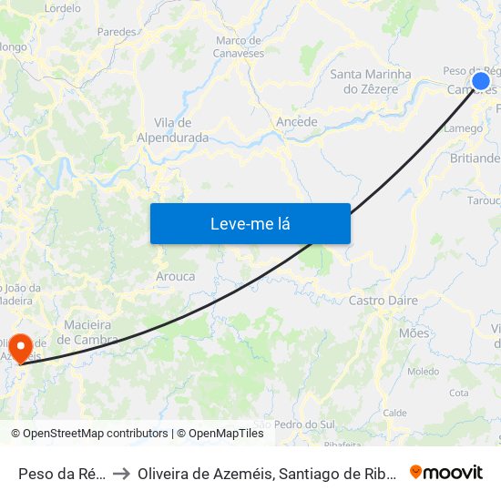 Peso da Régua e Godim to Oliveira de Azeméis, Santiago de Riba-Ul, Ul, Macinhata da Seixa e Madail map