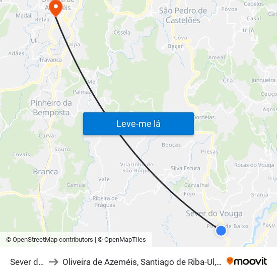 Sever do Vouga to Oliveira de Azeméis, Santiago de Riba-Ul, Ul, Macinhata da Seixa e Madail map