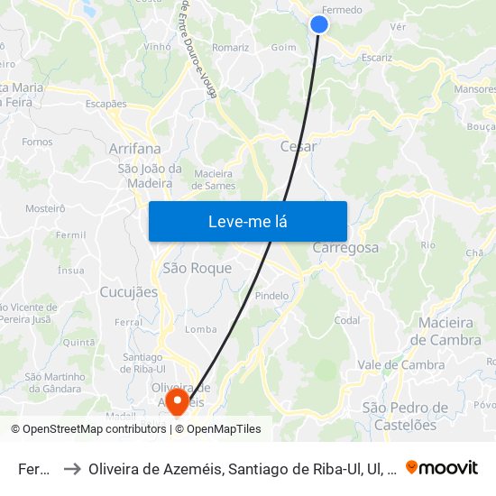 Fermedo to Oliveira de Azeméis, Santiago de Riba-Ul, Ul, Macinhata da Seixa e Madail map