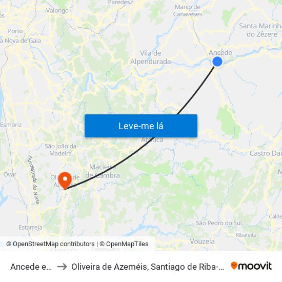 Ancede e Ribadouro to Oliveira de Azeméis, Santiago de Riba-Ul, Ul, Macinhata da Seixa e Madail map