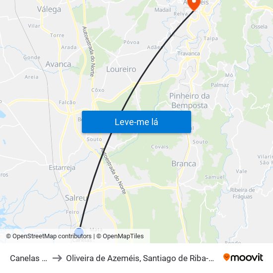 Canelas e Fermelã to Oliveira de Azeméis, Santiago de Riba-Ul, Ul, Macinhata da Seixa e Madail map