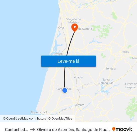 Cantanhede e Pocariça to Oliveira de Azeméis, Santiago de Riba-Ul, Ul, Macinhata da Seixa e Madail map