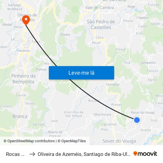 Rocas do Vouga to Oliveira de Azeméis, Santiago de Riba-Ul, Ul, Macinhata da Seixa e Madail map