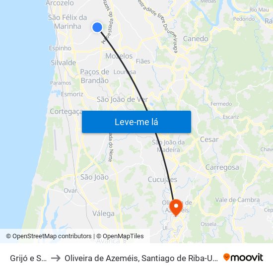 Grijó e Sermonde to Oliveira de Azeméis, Santiago de Riba-Ul, Ul, Macinhata da Seixa e Madail map