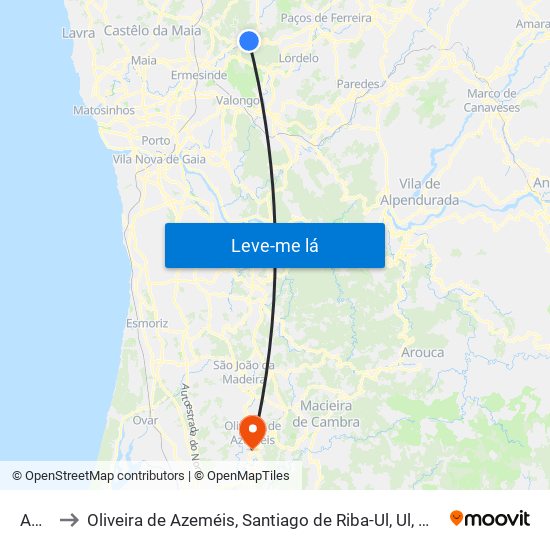 Agrela to Oliveira de Azeméis, Santiago de Riba-Ul, Ul, Macinhata da Seixa e Madail map