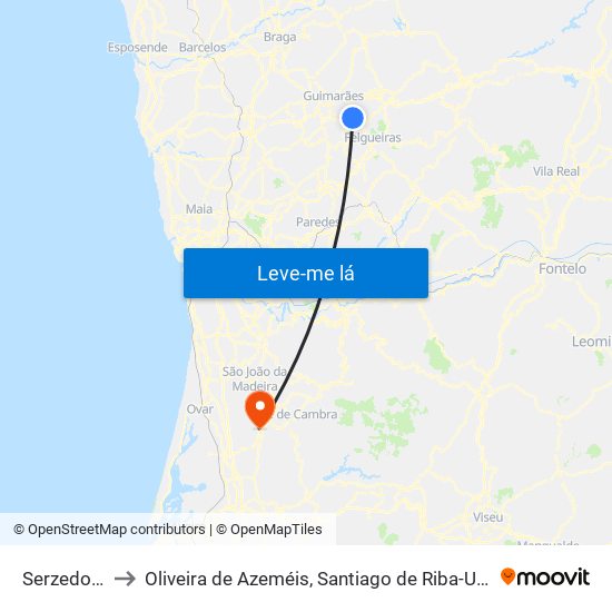 Serzedo e Calvos to Oliveira de Azeméis, Santiago de Riba-Ul, Ul, Macinhata da Seixa e Madail map