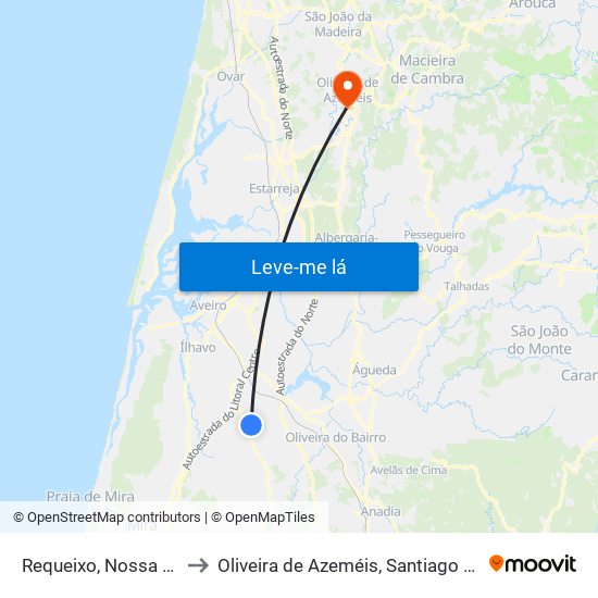 Requeixo, Nossa Senhora de Fátima e Nariz to Oliveira de Azeméis, Santiago de Riba-Ul, Ul, Macinhata da Seixa e Madail map