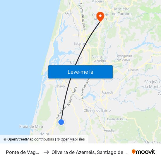 Ponte de Vagos e Santa Catarina to Oliveira de Azeméis, Santiago de Riba-Ul, Ul, Macinhata da Seixa e Madail map