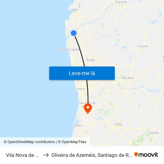 Vila Nova de Cerveira e Lovelhe to Oliveira de Azeméis, Santiago de Riba-Ul, Ul, Macinhata da Seixa e Madail map