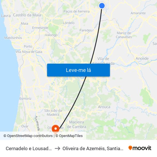 Cernadelo e Lousada (São Miguel e Santa Margarida) to Oliveira de Azeméis, Santiago de Riba-Ul, Ul, Macinhata da Seixa e Madail map