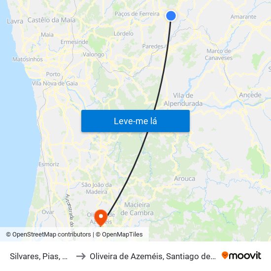 Silvares, Pias, Nogueira e Alvarenga to Oliveira de Azeméis, Santiago de Riba-Ul, Ul, Macinhata da Seixa e Madail map