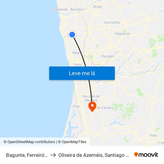 Bagunte, Ferreiró, Outeiro Maior e Parada to Oliveira de Azeméis, Santiago de Riba-Ul, Ul, Macinhata da Seixa e Madail map