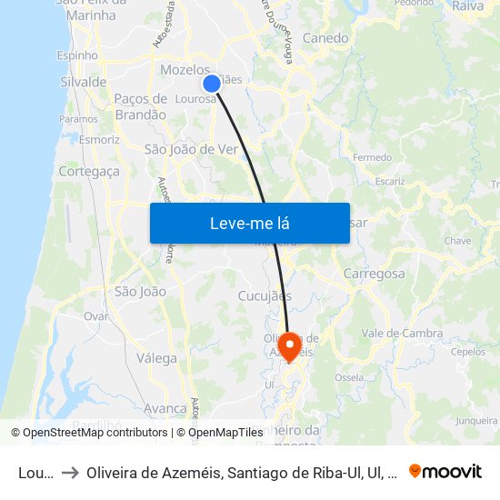 Lourosa to Oliveira de Azeméis, Santiago de Riba-Ul, Ul, Macinhata da Seixa e Madail map