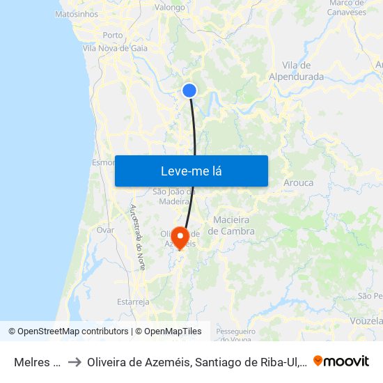 Melres e Medas to Oliveira de Azeméis, Santiago de Riba-Ul, Ul, Macinhata da Seixa e Madail map