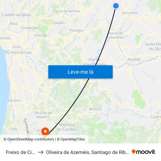 Freixo de Cima e de Baixo to Oliveira de Azeméis, Santiago de Riba-Ul, Ul, Macinhata da Seixa e Madail map