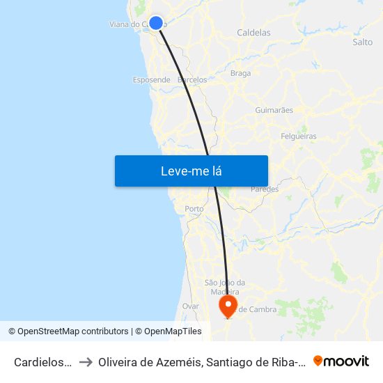 Cardielos e Serreleis to Oliveira de Azeméis, Santiago de Riba-Ul, Ul, Macinhata da Seixa e Madail map