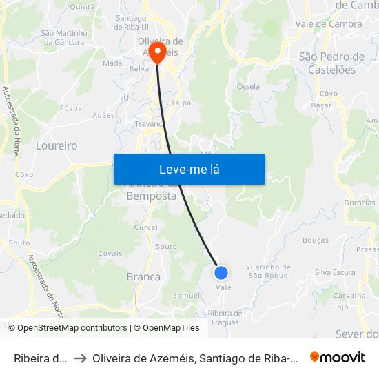 Ribeira de Fráguas to Oliveira de Azeméis, Santiago de Riba-Ul, Ul, Macinhata da Seixa e Madail map