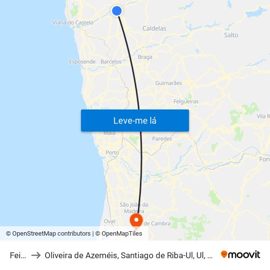 Feitosa to Oliveira de Azeméis, Santiago de Riba-Ul, Ul, Macinhata da Seixa e Madail map