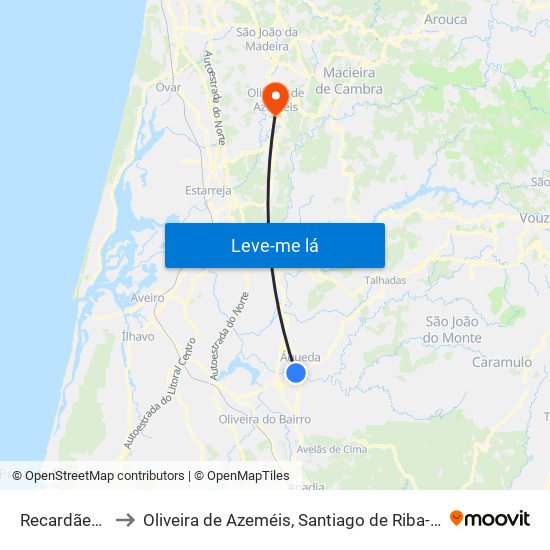 Recardães e Espinhel to Oliveira de Azeméis, Santiago de Riba-Ul, Ul, Macinhata da Seixa e Madail map