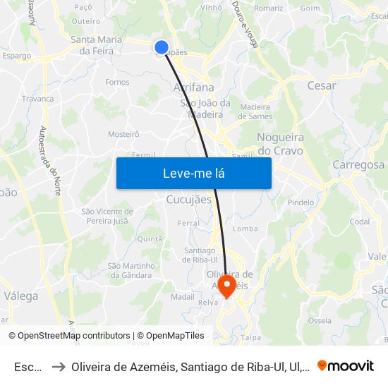 Escapães to Oliveira de Azeméis, Santiago de Riba-Ul, Ul, Macinhata da Seixa e Madail map