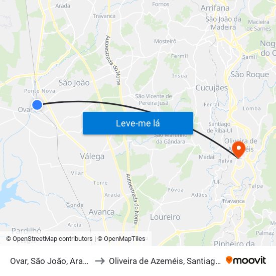 Ovar, São João, Arada e São Vicente de Pereira Jusã to Oliveira de Azeméis, Santiago de Riba-Ul, Ul, Macinhata da Seixa e Madail map