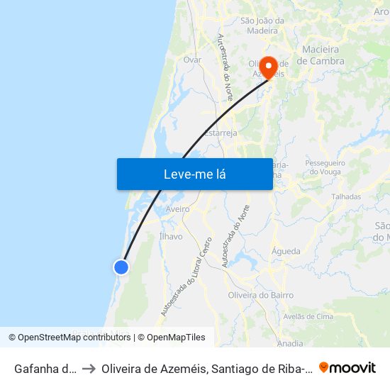 Gafanha da Boa Hora to Oliveira de Azeméis, Santiago de Riba-Ul, Ul, Macinhata da Seixa e Madail map