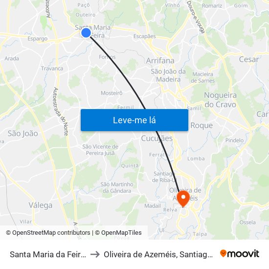 Santa Maria da Feira, Travanca, Sanfins e Espargo to Oliveira de Azeméis, Santiago de Riba-Ul, Ul, Macinhata da Seixa e Madail map