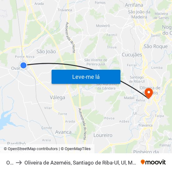 Ovar to Oliveira de Azeméis, Santiago de Riba-Ul, Ul, Macinhata da Seixa e Madail map