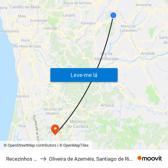 Recezinhos (São Mamede) to Oliveira de Azeméis, Santiago de Riba-Ul, Ul, Macinhata da Seixa e Madail map