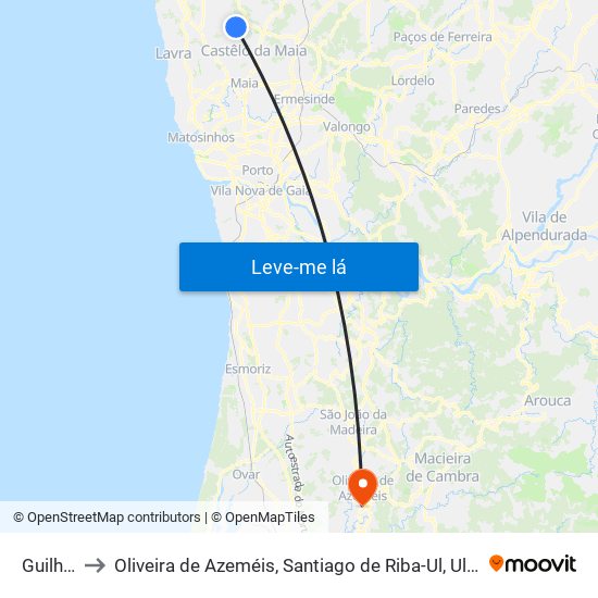 Guilhabreu to Oliveira de Azeméis, Santiago de Riba-Ul, Ul, Macinhata da Seixa e Madail map