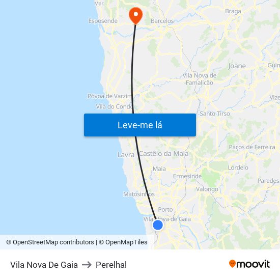 Vila Nova De Gaia to Perelhal map