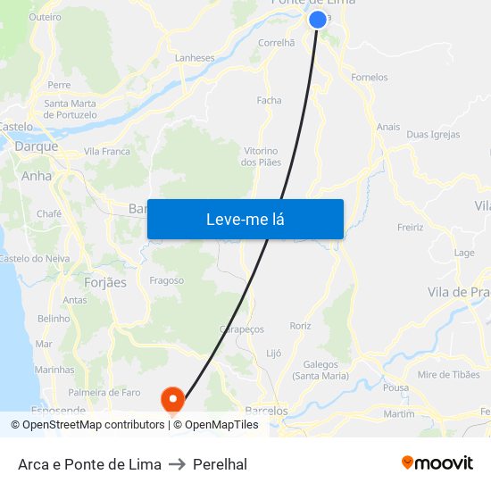 Arca e Ponte de Lima to Perelhal map