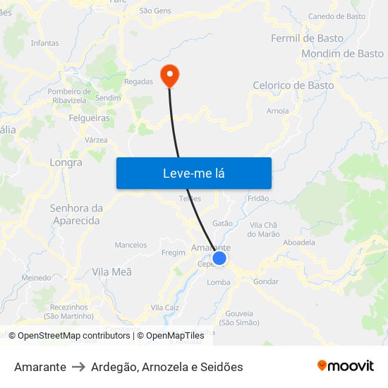 Amarante to Ardegão, Arnozela e Seidões map
