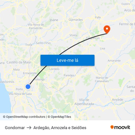 Gondomar to Ardegão, Arnozela e Seidões map