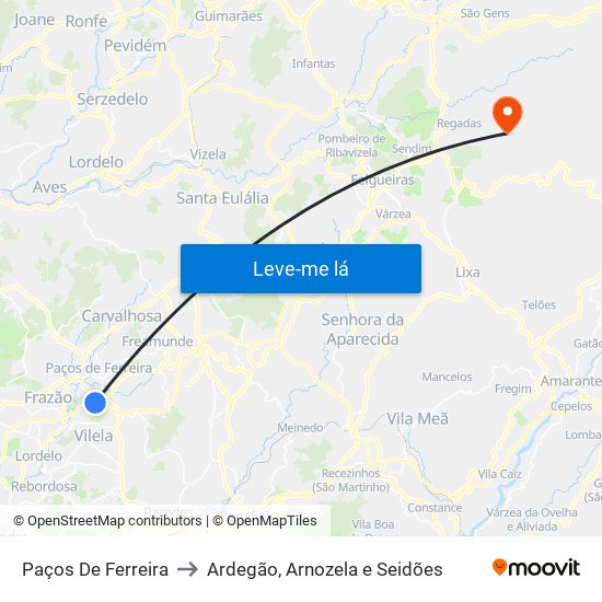 Paços De Ferreira to Ardegão, Arnozela e Seidões map