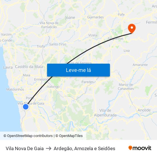 Vila Nova De Gaia to Ardegão, Arnozela e Seidões map