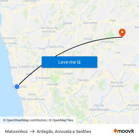 Matosinhos to Ardegão, Arnozela e Seidões map