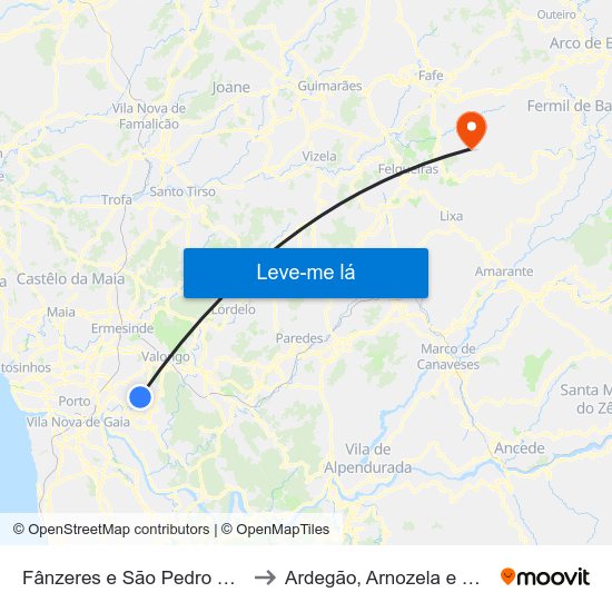 Fânzeres e São Pedro da Cova to Ardegão, Arnozela e Seidões map