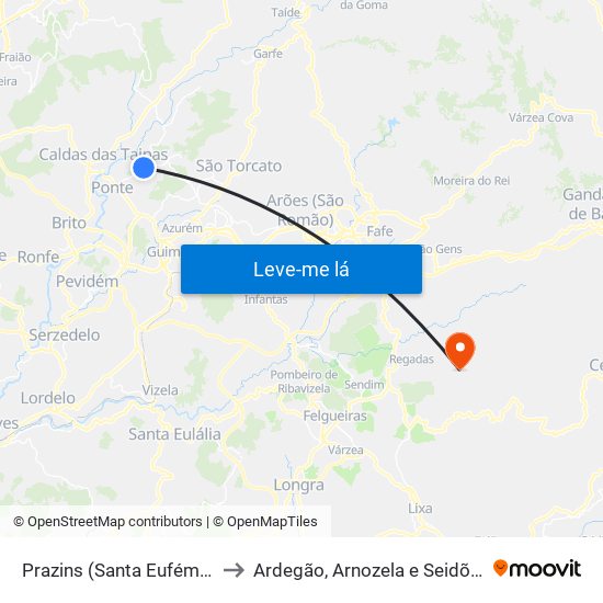 Prazins (Santa Eufémia) to Ardegão, Arnozela e Seidões map