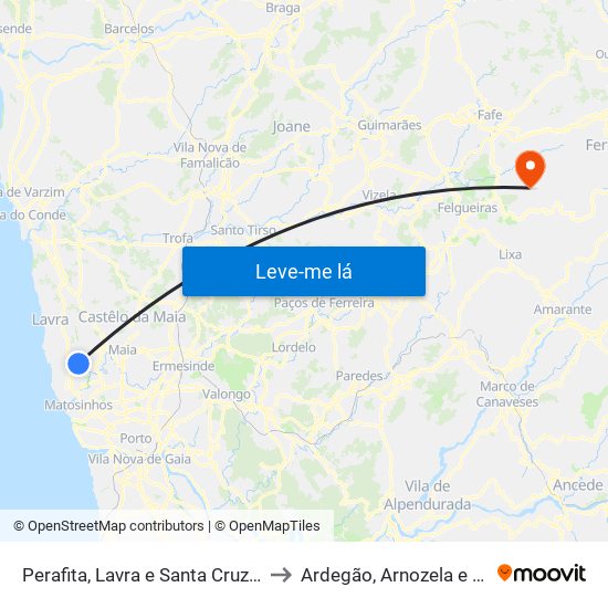 Perafita, Lavra e Santa Cruz do Bispo to Ardegão, Arnozela e Seidões map