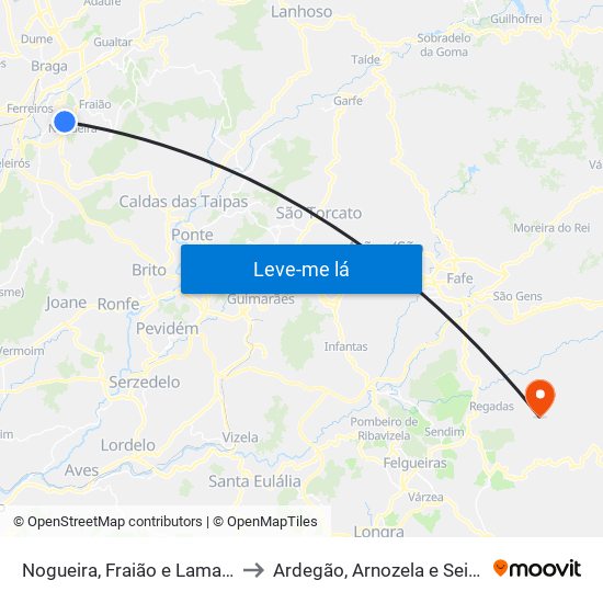 Nogueira, Fraião e Lamaçães to Ardegão, Arnozela e Seidões map