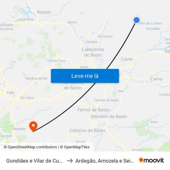 Gondiães e Vilar de Cunhas to Ardegão, Arnozela e Seidões map