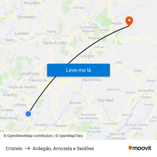 Cristelo to Ardegão, Arnozela e Seidões map