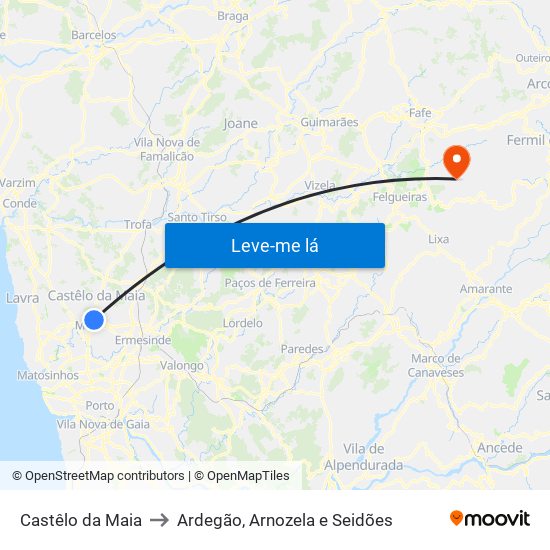 Castêlo da Maia to Ardegão, Arnozela e Seidões map