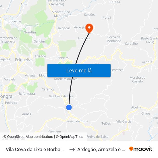 Vila Cova da Lixa e Borba de Godim to Ardegão, Arnozela e Seidões map