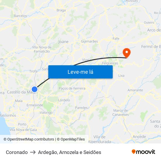 Coronado to Ardegão, Arnozela e Seidões map