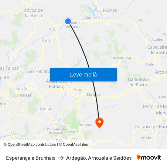 Esperança e Brunhais to Ardegão, Arnozela e Seidões map