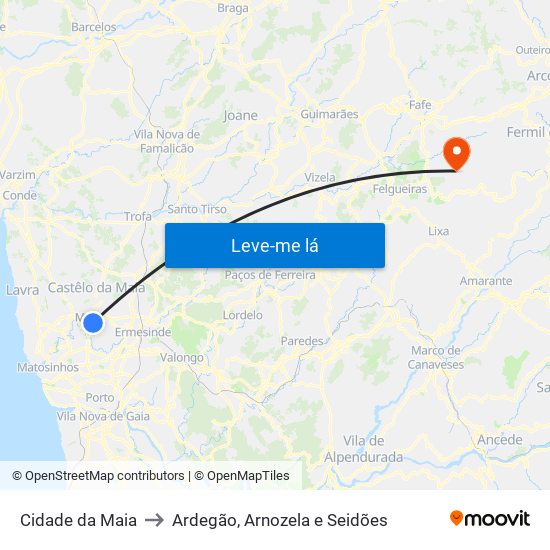Cidade da Maia to Ardegão, Arnozela e Seidões map